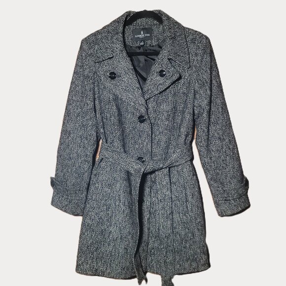 NWOT London Fog Women's Belted Pea Coat Poly/Wool Blend - Black/ White - Size L - Picture 1 of 16